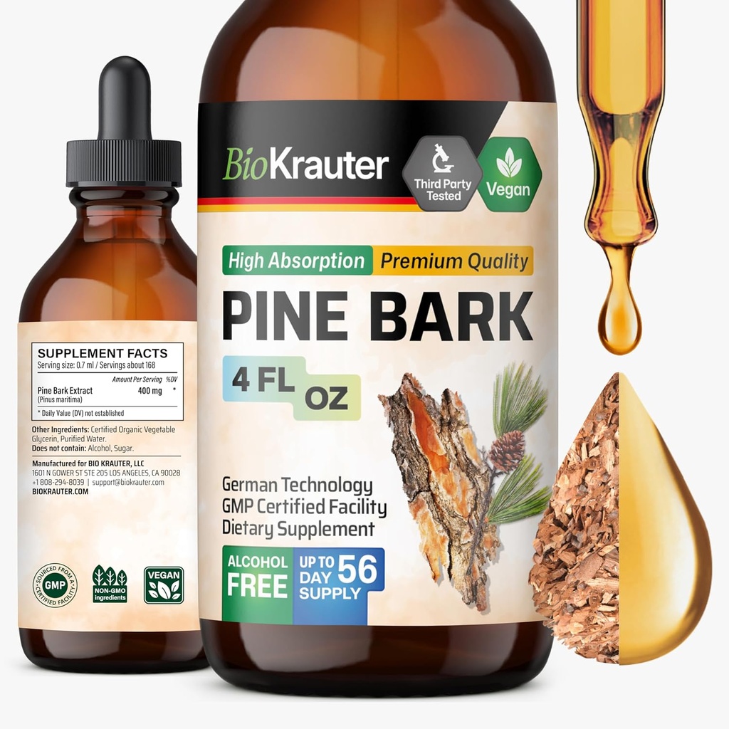 BIO KRAUTER Extrait d'écorce de pin - Riche en antioxydants Supplément liquide - 400 mg French Maritime Pin Extract Drops - Vegan, Alcohol & Sugar Free - 4 Fl Oz