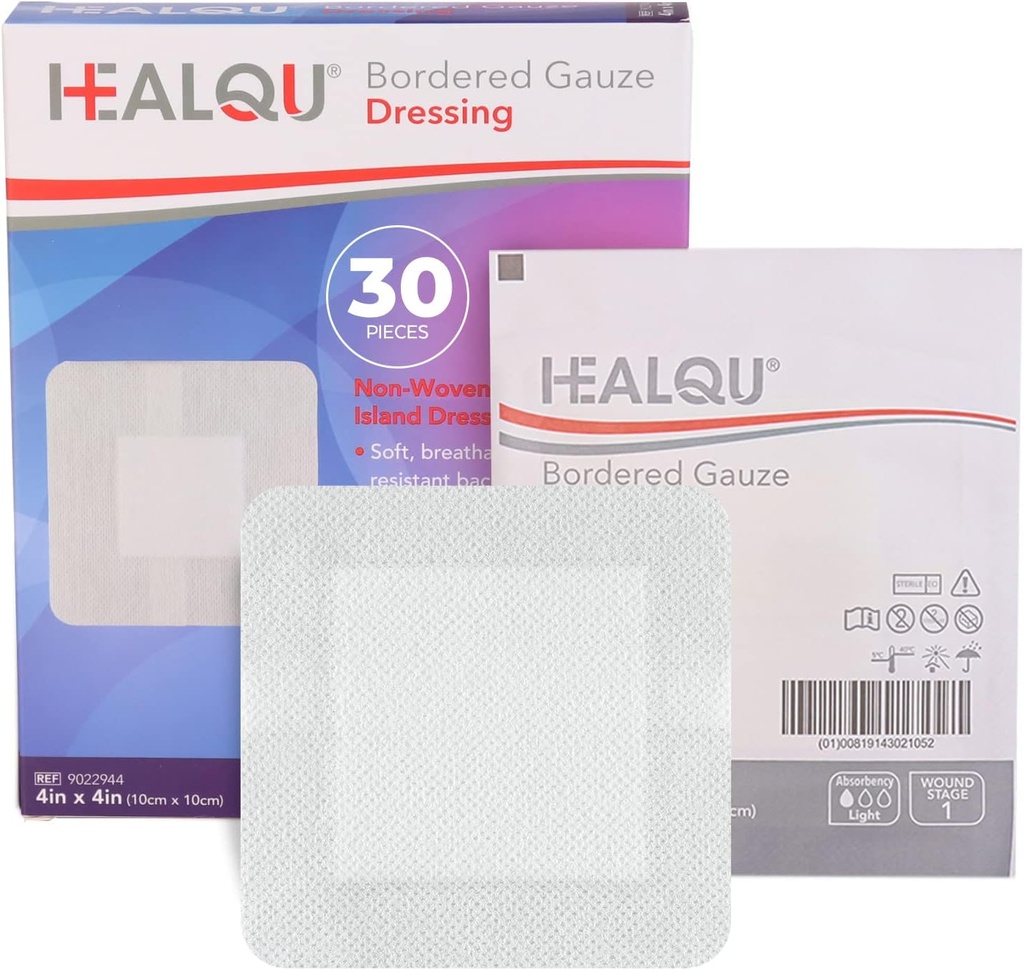 Dressing de l'île HEALQU - 4"x4", 30 Comte - Dressing de gauze stérile bordé individuel enrobé, résistant à l'eau, non tissé - Dressing doux et respirant pour les premiers soins et les soins médicaux