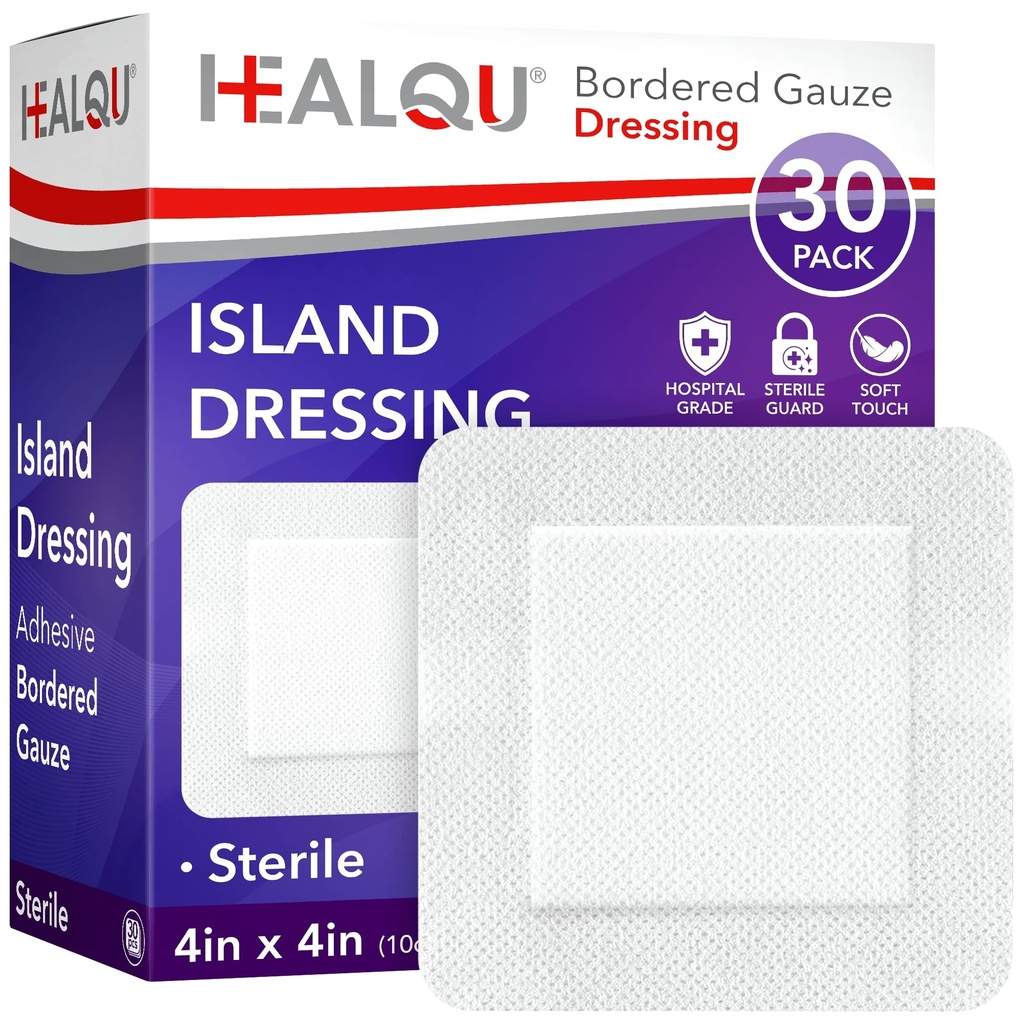 Dressing de l'île HEALQU - 4"x4", 30 Comte - Dressing de gauze stérile bordé individuel enrobé, résistant à l'eau, non tissé - Dressing doux et respirant pour les premiers soins et les soins médicaux