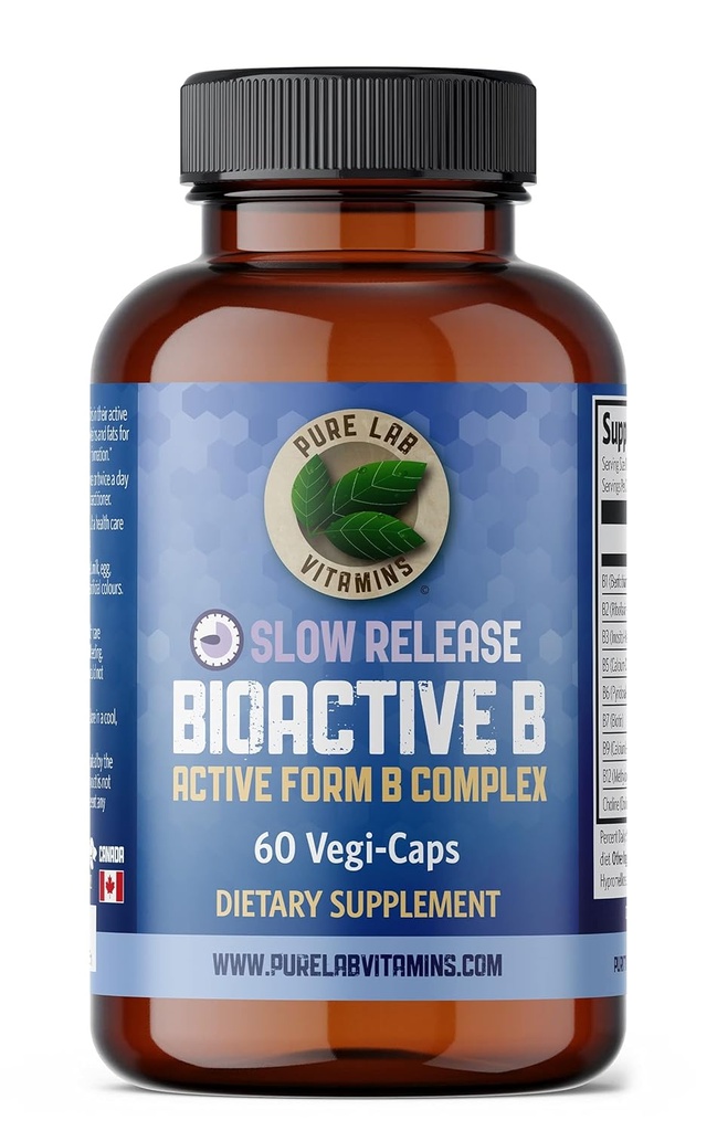 Bioactive B Complex Supplement - 60 Vegan Caps by Pure Lab Vitamins - Slow Release Active Formula (B1, B2, B3, B5, B6, B7, B9, B12) - 30 Days Supply, Gluten & Sugar Free 🍁 Made in Canada