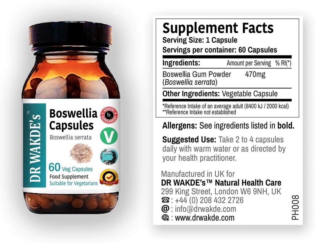 DR WAKDE'S Boswellia Capsules (Salai Guggul, Shallaki), 60 capsules de légumes, supplément à base de plantes, tous naturels, végétaliens