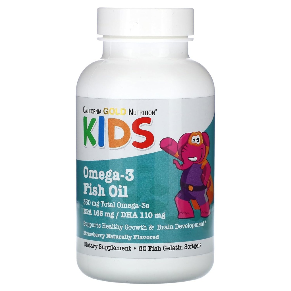 California Gold Nutrition Kids Omega-3 Huile de poisson, fraise naturelle, 60 softgels de gélatine de poisson