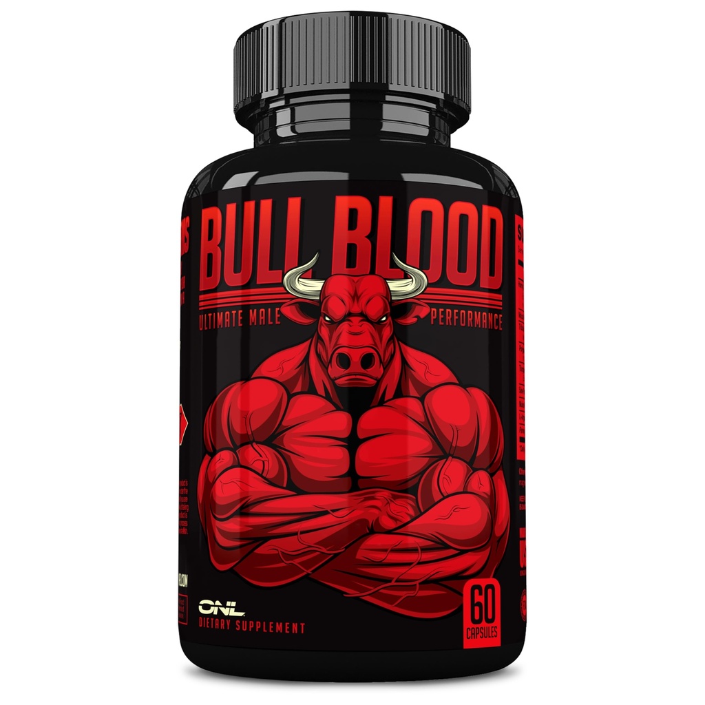 Bull Blood Testostérone Booster pour les hommes - Supplément de testostérone pour l'endurance et l'endurance - Maca Root, Horny Goat Weed, Tribulus Terrestris Extract & Tongkat Ali - Supplément d'amélioration masculine - 60 Ct