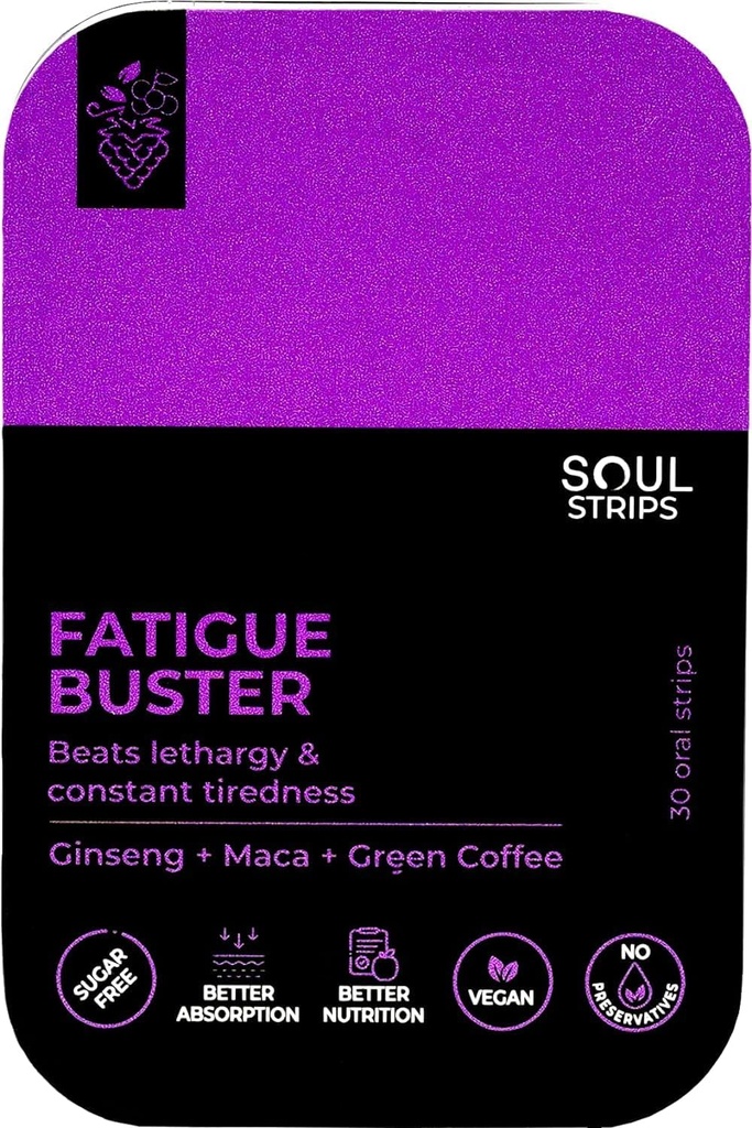 Strips d'âme Fatigue Buster Ginseng, Maca, café vert, réduit la fatigue mentale et physique, baies mélangées Arôme, Absorbe rapide, usage quotidien, Zéro sucre, végétalien, 30 bandes Pack