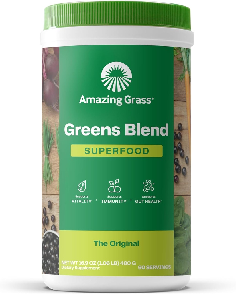 Amazing Grass Greens Blend Superfood: Super Greens poudre avec spiruline, Chlorella, poudre de racine de betterave, enzymes digestives, prébiotiques et probiotiques, original, 60 portions (emballage mai Vary)