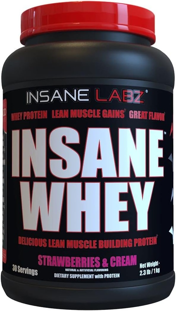 Insane Labz Insane Whey, 100% Muscle Building Whey Protein, BCAA Profile Amino, Mass Gainer, Remplacement des repas (Fraises et crème, 30 portions)