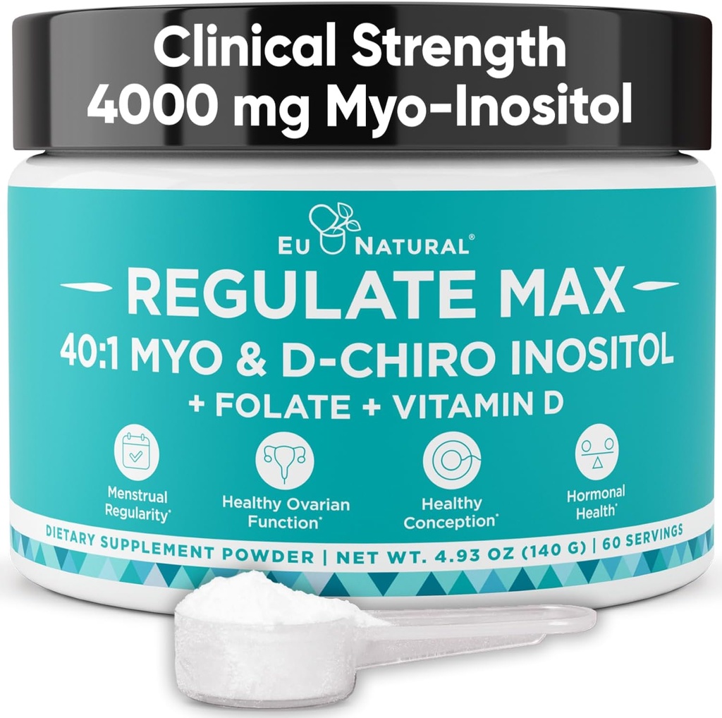 Regulate MAX Myo-Inositol & D-Chiro Inositol Supplement Powder for Women with Vitamin D & Folate PCOS Nutritional Support, Hormone Balance & Fertility Support, Unflavored 60 Servings