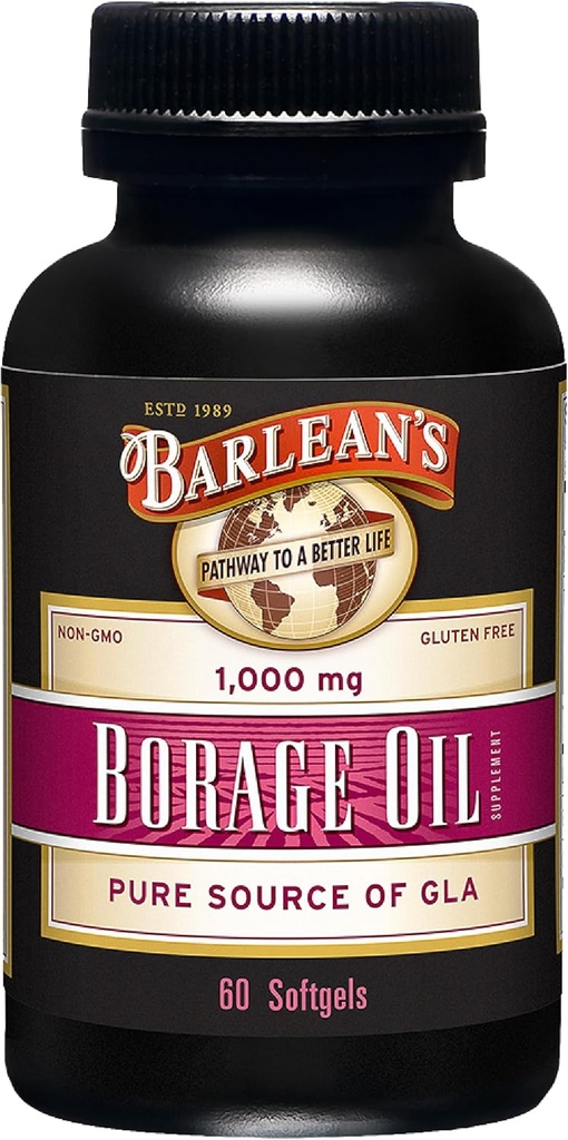 Barlean's Borage Oil Supplements, supplément d'huile de graines de Borage pur pressé à froid Softgels pour les hommes et les femmes, 1000 mg GLA acides gras, 60 Compte