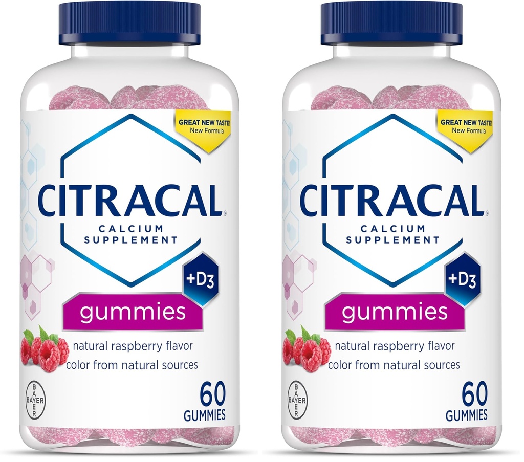 CITRACAL Supplément de calcium Gummies, Calcium à croquer avec vitamine D3, soutient la santé des os, Calcium Chews pour les 12 ans et plus, Flaveur de framboise naturelle, 60 comte (paquet de 2)