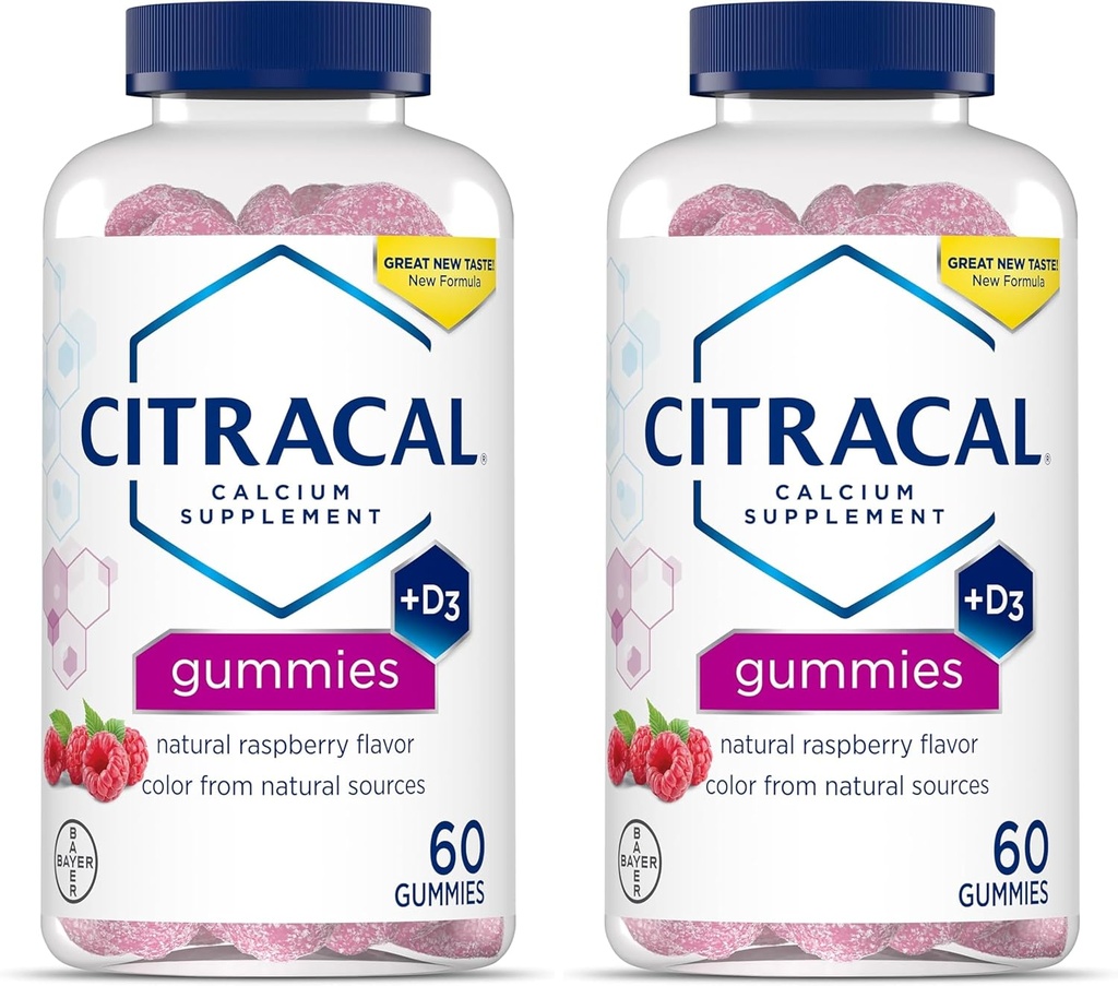 CITRACAL Supplément de calcium Gummies, Calcium à croquer avec vitamine D3, soutient la santé des os, Calcium Chews pour les 12 ans et plus, Flaveur de framboise naturelle, 60 comte (paquet de 2)