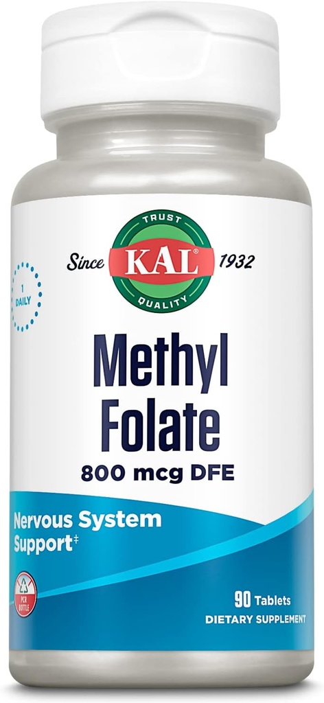 KAL Méthyl Folate 800 mcg DFE, 5-MTHF forme active vitamine B9, supplément d'acide folique, santé cardiaque, soutien prénatal, de l'humeur et du cerveau, rapide dissolution ActivTab, garantie de 60 jours, 90 portions, 90 comprimés