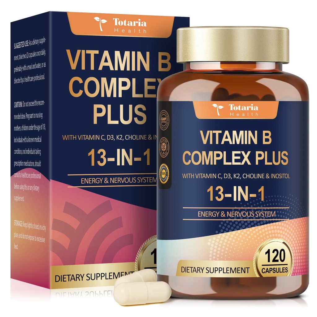 Complexe 13-en-1 Vitamine B Plus avec vitamine B1, B2, B3 (Niacinamide), B4, B5, B6, B7 (Biotine), B8 (Inositol), B9 (Folate), B12, C, D3, K2 - Énergie, Nerve, Immune, Soutien de la peau - 120 Capsules de végétalien