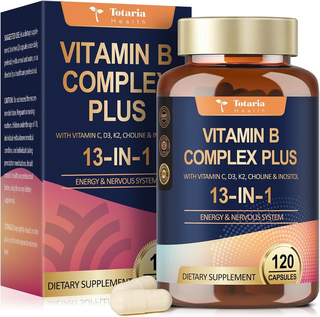 Complexe 13-en-1 Vitamine B Plus avec vitamine B1, B2, B3 (Niacinamide), B4, B5, B6, B7 (Biotine), B8 (Inositol), B9 (Folate), B12, C, D3, K2 - Énergie, Nerve, Immune, Support de la peau - 120 Capsules végétaliennes