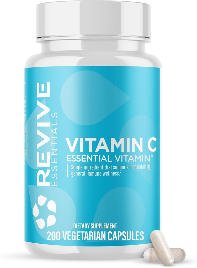 Revivez les capsules de vitamine C de MD, 1000mg - Supplément alimentaire à l'acide ascorbique VIT C pour le soutien immunitaire et la santé antioxydante - Pas de remplissage et non-OGM (200 capsules végétariennes, 30 portions)