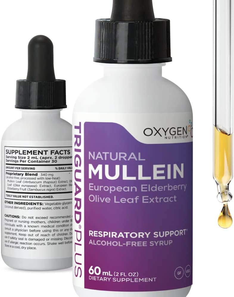 TriGuard MULLEIN Plus - Mullein Leaf Extract, Elderberry Extract & Olive Leaf Extract 2 fl oz) soutient une fonction respiratoire saine et le système immunitaire.