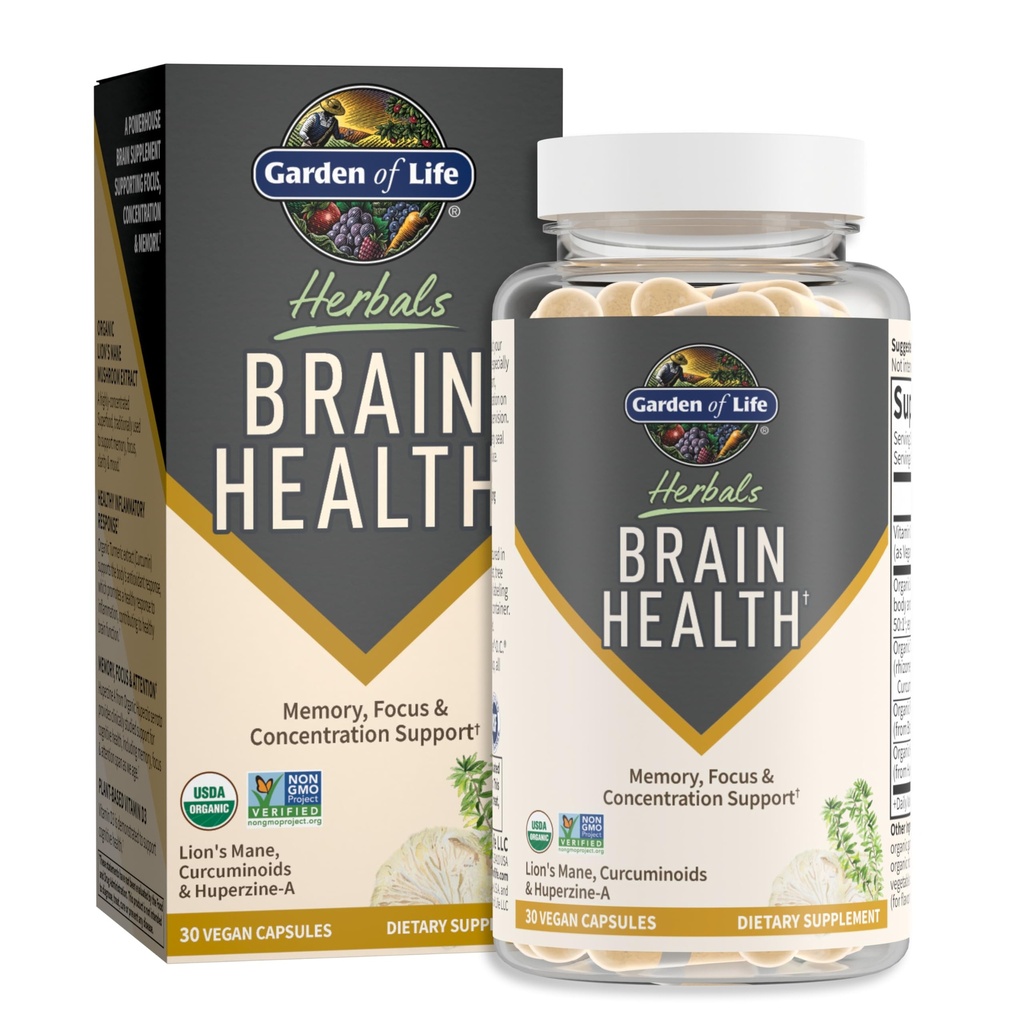 Supplément pour la santé du cerveau du jardin de la vie avec la Mane biologique et le curcuma, non-OGM, sans gluten, saveur de menthe - pour la mémoire, le focus et la fonction cérébrale saine