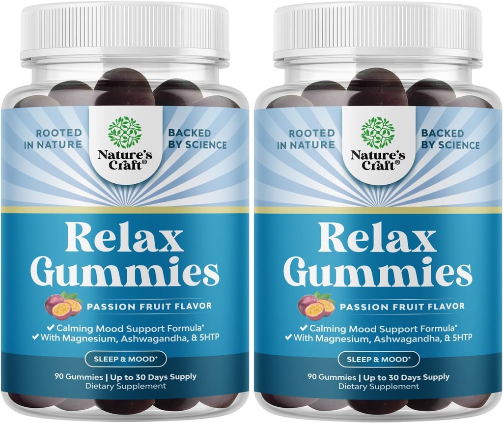 Gummies calmantes pour adultes avec Ashwagandha et Magnésium - Gummies de stress relaxantes avec L Theanine 5HTP et extrait de baume de citron - Extrait de camomille Adaptogène Vitamine B6 180 Compte