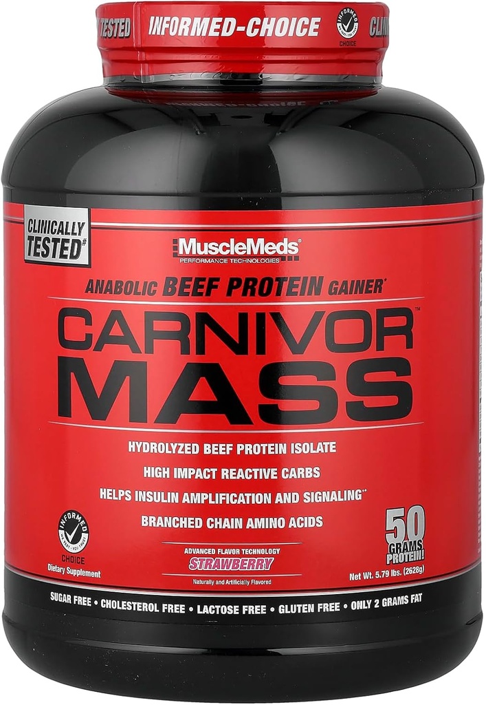 MuscleMeds Carnivor Mass Gainer de protéines de boeuf anabolisants, fraise, 6 livres