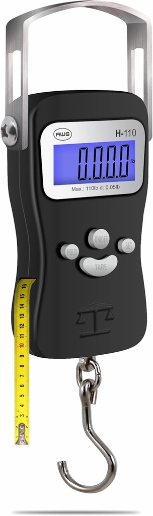 AWS échelle de bagage numérique, balance de pesée de poisson, balance de suspension 110lb/50kg – Construction de métal Die-Cast, mesure de bande intégrée, crochet et poignée – pour le voyage, pêche, tir à l'arc, chasse, plein air (noir)