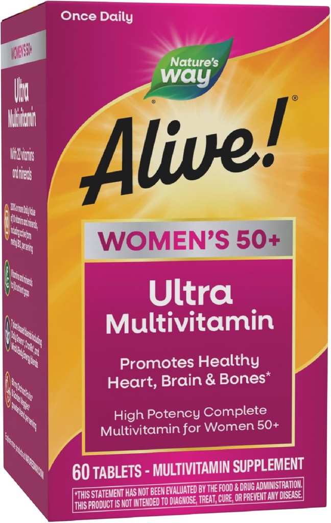 La nature est vivante ! Vitamines pour femmes 50 Plus, Multivitamine complète, Formule à haute puissance, avec B12 méthylé, sans gluten, 60 comprimés