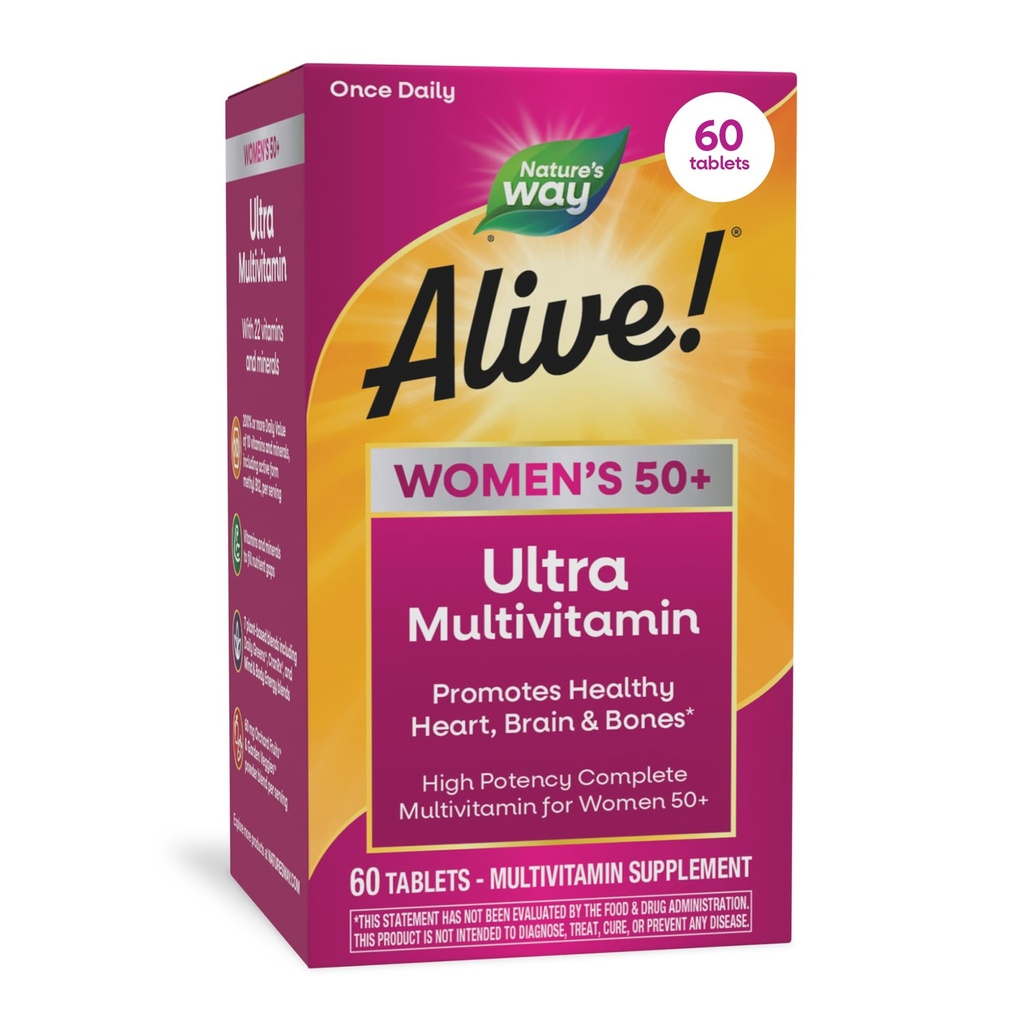 La nature est vivante ! Vitamines pour femmes 50 Plus, Multivitamine complète, Formule à haute puissance, avec B12 méthylé, sans gluten, 60 comprimés