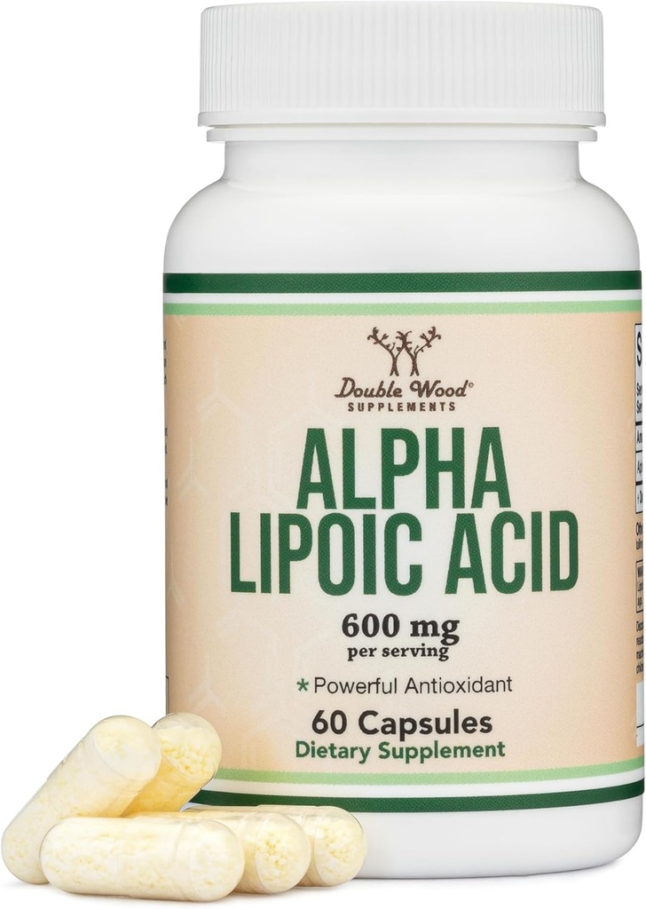 Acide alpha lipoïque 600mg par portion, 60 Capsules (Tiers Testés, Non-OGM, Sans gluten, Sans Vegan) Potent Antioxydant pour la neuropathie et la santé cardiovasculaire (Supplément ALA) par Double Wood