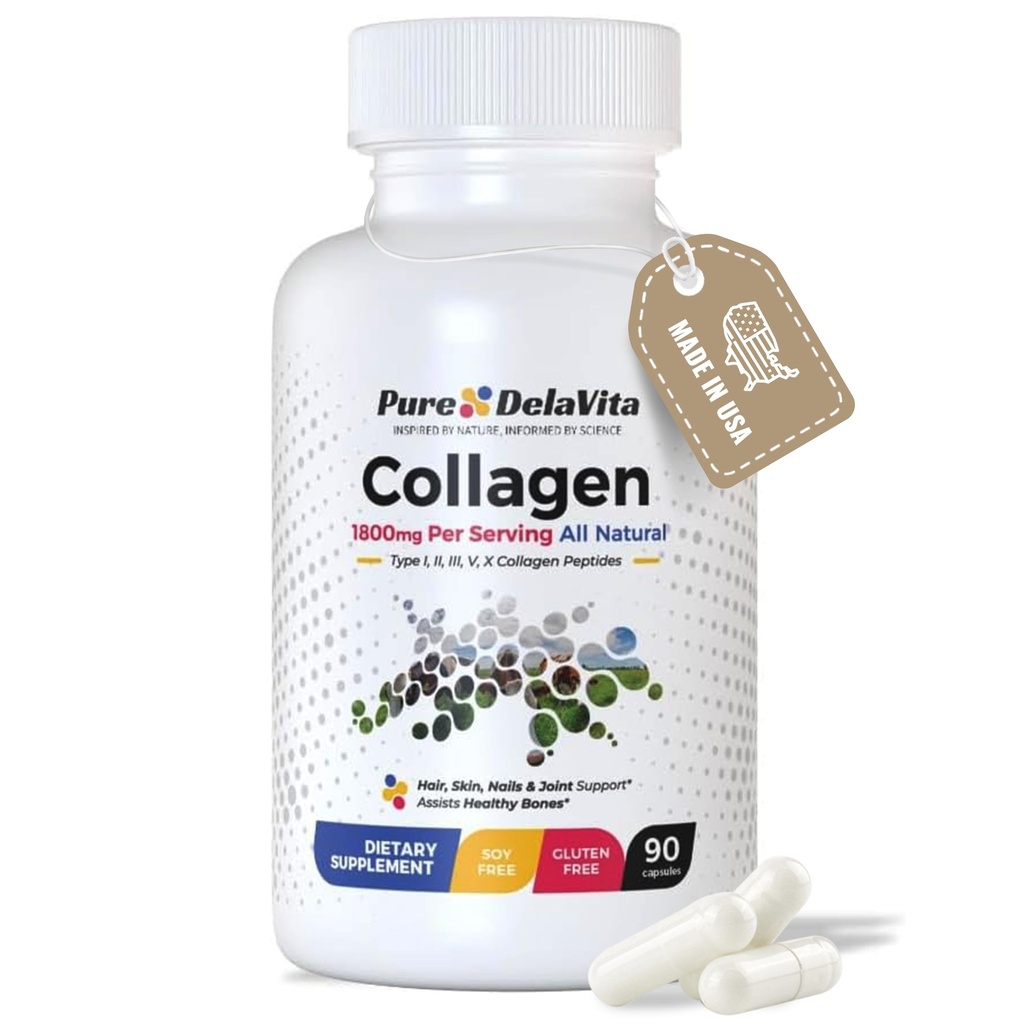 Complete Collagen Capsules for Women – 1800mg, Types I, II, III, V, X for Hair, Skin, Nails, Joints & Bone Health, High Absorption, Anti-Aging, Non-GMO, Gluten-Free, 90 Capsules