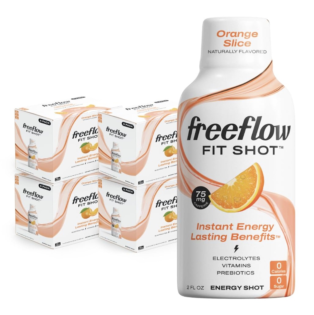 Shots d'énergie sans flux, Slice orange, Boost de caféine naturelle avec L-théanine, Ginseng, Vitamines, Prébiotiques, Electrolytes (24 Nombre, 2oz shots)