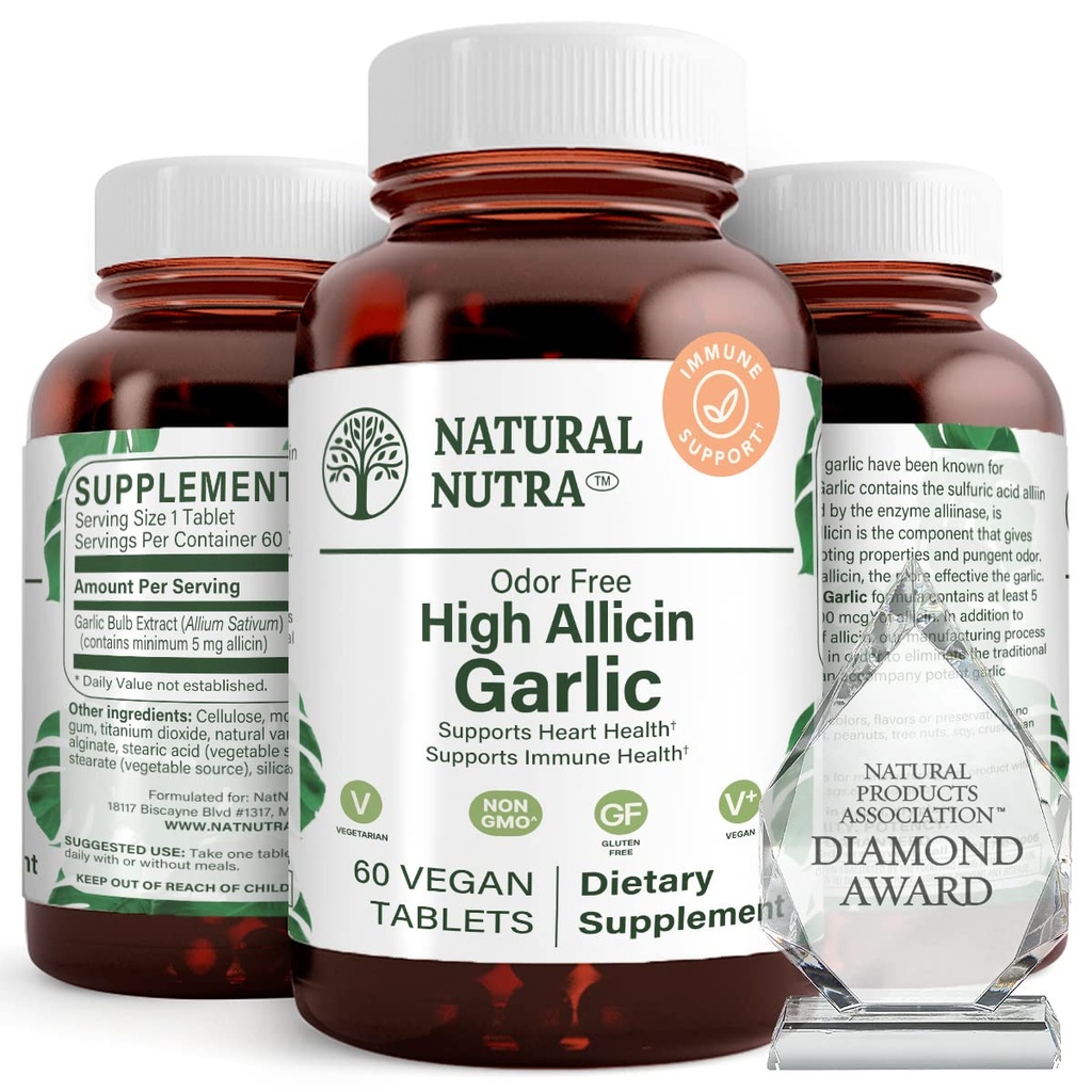Supplément naturel à l'ail Nutra High Allicine, soutient le système immunitaire, améliorer la santé cardiaque, améliorer la santé des enzymes, mieux la digestion, lutte contre le froid et la grippe, revêtement de vanille, 500mg, 60 comprimés végétaliens