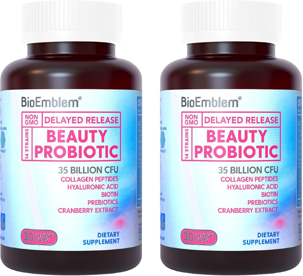 BioEmblem Probiotiques beauté pour les femmes, 35 milliards CFU 14 souches avec biotine, collagène, prébiotiques pour la santé digestive, peau et ongles capillaires, supplément probiotique vaginal, plateau stable, 60 capsules