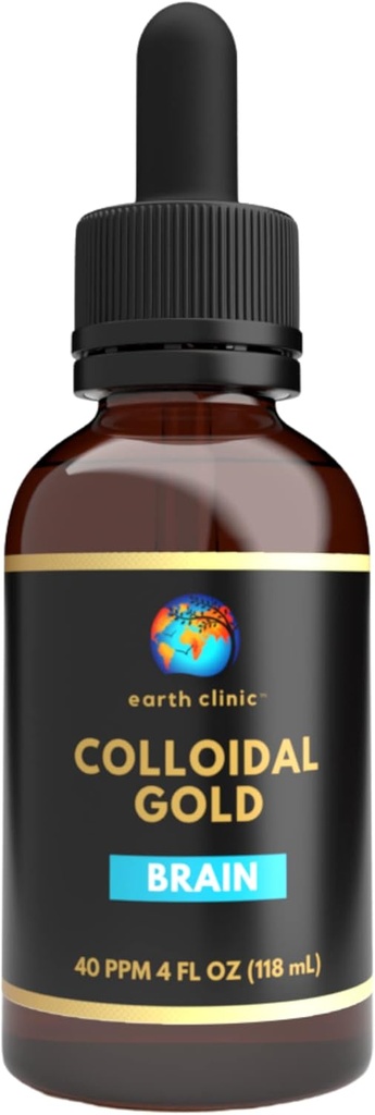 Earth Clinic ® Coloïdal Gold - Bouteille à goutte de 4 oz, double puissance 40 PPM, nanoparticules d'or pur - Amélioration de la santé cérébrale et du soutien cognitif