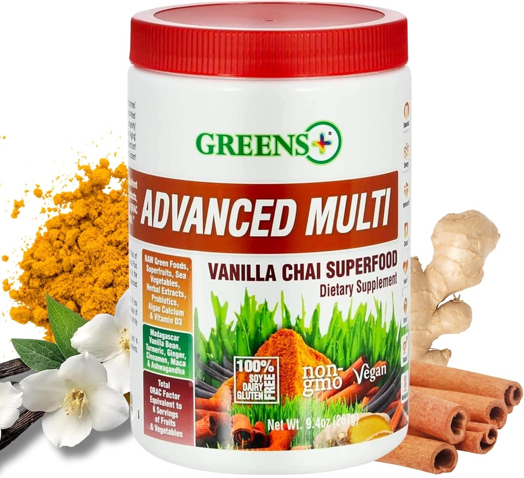 Verts+ Poudre de super-aliments multi-vanille Chai, mélange biologique sain pour la vitalité du matin, nutrition, santé vive, supplément alimentaire, vitamines minérales, végétalien, soja/lait/sans gluten(9,4 oz)