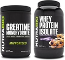 NutraBio Créatine monohydratée, non aromatisée, 500g et Isolate de protéines de lactosérum, Muffin de la myrtille, supplément - énergie musculaire, croissance musculaire maigre, récupération et force
