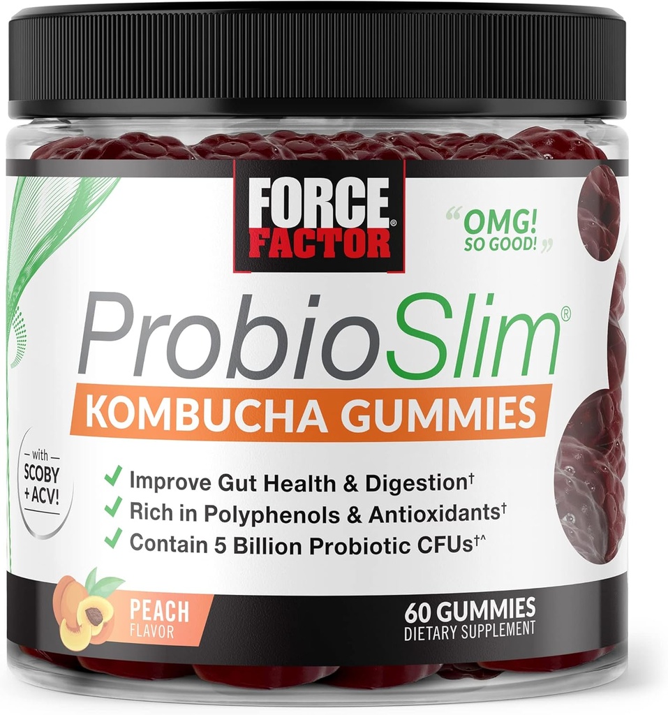 Facteur de force ProbioSlim Kombucha Gummies pour la santé digestive, probiotiques pour les femmes et probiotiques pour les hommes fabriqués avec 5 Million CFU, Kombucha SCOBY Gummies probiotiques, Pêche, 60 Gummies