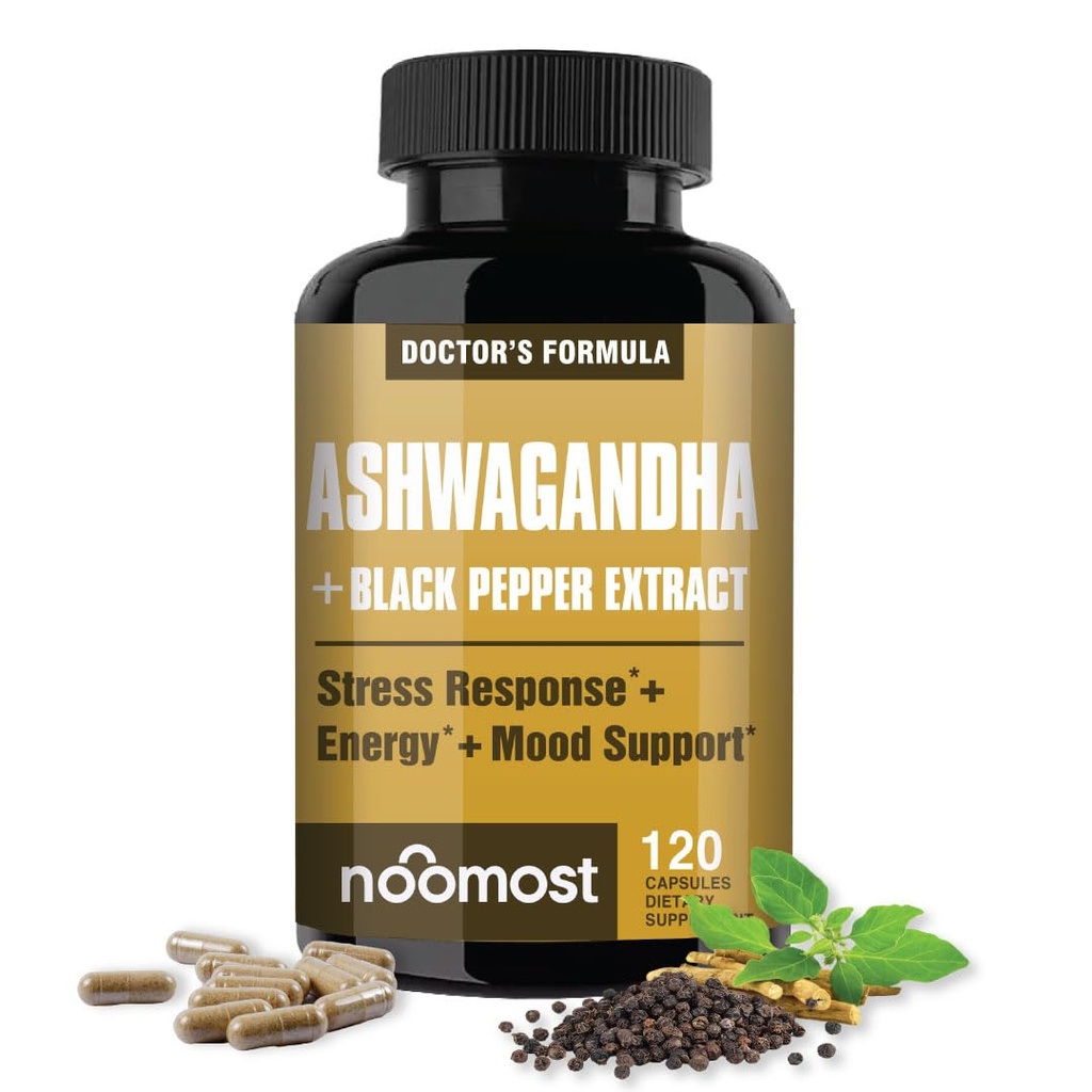 NooMost Ashwagandha 1200mg Supplément de 10% Withanolides avec extrait de poivre noir.Extrait de racine pure pour le stress, favorise l'énergie, l'humeur, Helathy Sommeil pour les hommes et les femmes.