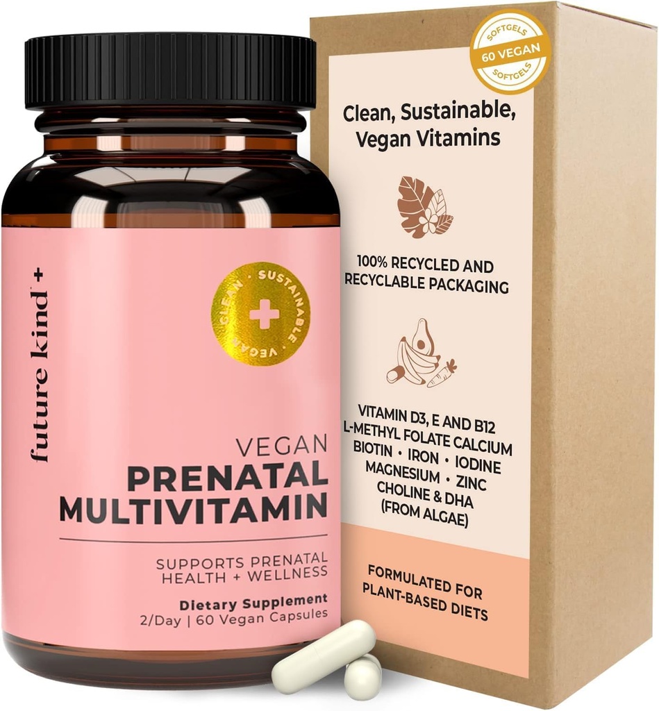 Vitamine prénatale de type futur avec DHA et L-méthylfolate dans une bouteille de verre - Supplément folate prénatal pour les femmes avec vitamine D et E, fer et biotine - sans gluten, sans OGM (60ct)