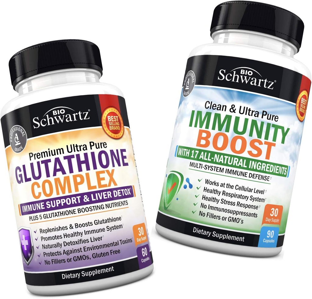 Complexe de glutathion avec extrait de chardon de lait, vitamine C et quercétine + supplément d'immunité 17-en-1 avec sureau, vitamine C, échinacée et zinc - encourage le foie et le soutien immunitaire