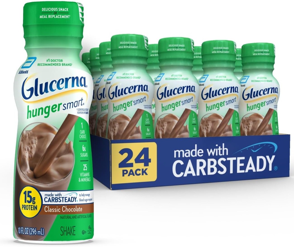 Glucerna Hunger Smart Diabetes Care Shake, Classic Chocolate, Diabetic Meal Replacement to Support Blood Sugar Management, 15g Protein, 180 Calories, Ready to Drink, 10-fl-oz Bottle, 24 Pack