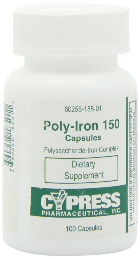 Complément alimentaire - Capsules de fer poly 150 mg (100 capsules par flacon) par Cypress Pharmaceutical #185-01 (2 bouteilles de 100 capsules)