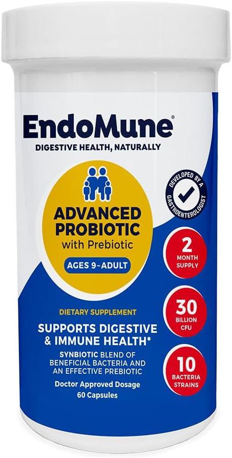 Endomune Adult Advanced Multi-Strain Probiotique Supplément avec Prébiotique - 10 souches, 30 milliards CFU - Physician Formulé (60-Count)