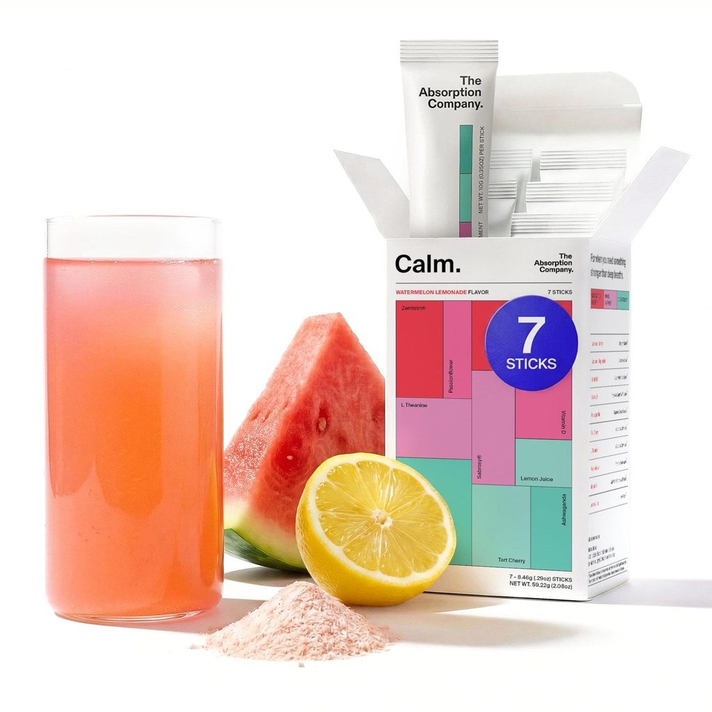 Mélange de boissons calmes - Aide à la relaxation avec Magnésium, Ashwagandha, L-Theanine, & Vitamine D - Supporte Cortisol règlement et l'humeur pour les hommes et les femmes - Pastèque Lemonade Saveur 7 bâtons