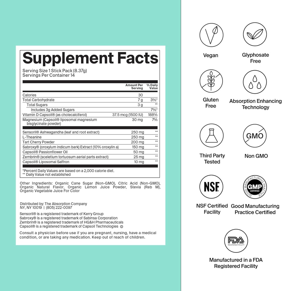 Mélange de boissons calmes - Aide à la relaxation avec Magnésium, Ashwagandha, L-Theanine, & Vitamine D - Supporte Cortisol règlement et l'humeur pour les hommes et les femmes - Pastèque Lemonade Saveur 7 bâtons
