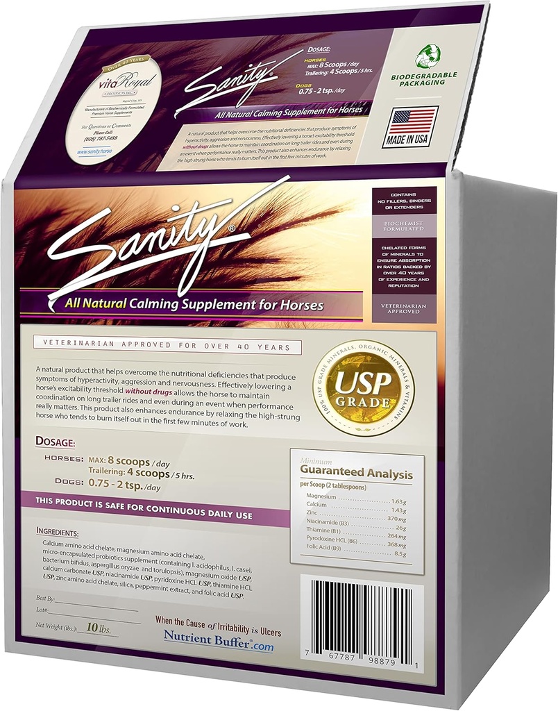 Sanité - Supplément de focale apaisant le comportement des chevaux - Magnésium, Calcium, Zinc, Vitamines B, Acides aminés, Probiotiques, Thiamine, Acide folique, Niacine, Menthe poivrée et plus