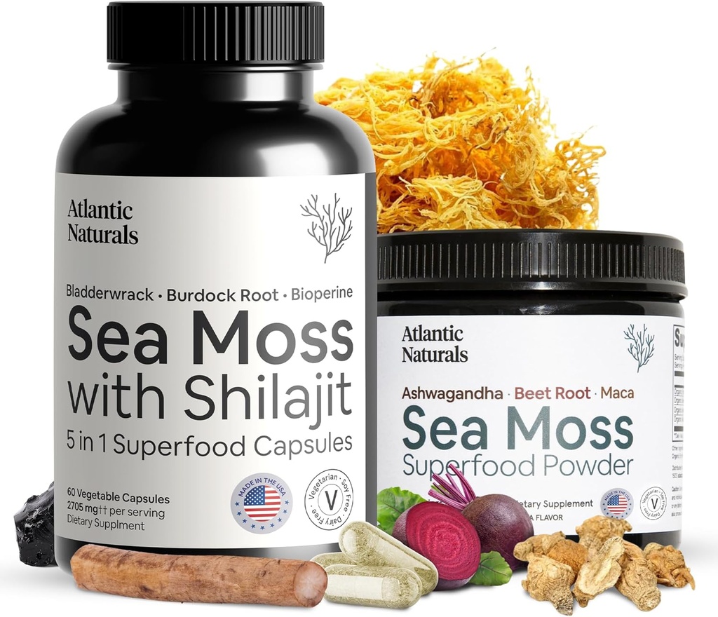 Atlantic Naturals Sea Moss Superfood Bundle - La mousse de mer avec Shilajit 5-en-1 Capsules & Poudre de mousse de mer avec Ashwagandha, Beet Root & Maca Root - Amélioration de la vitalité, de la peau et du support sportif 60 ct & 150g