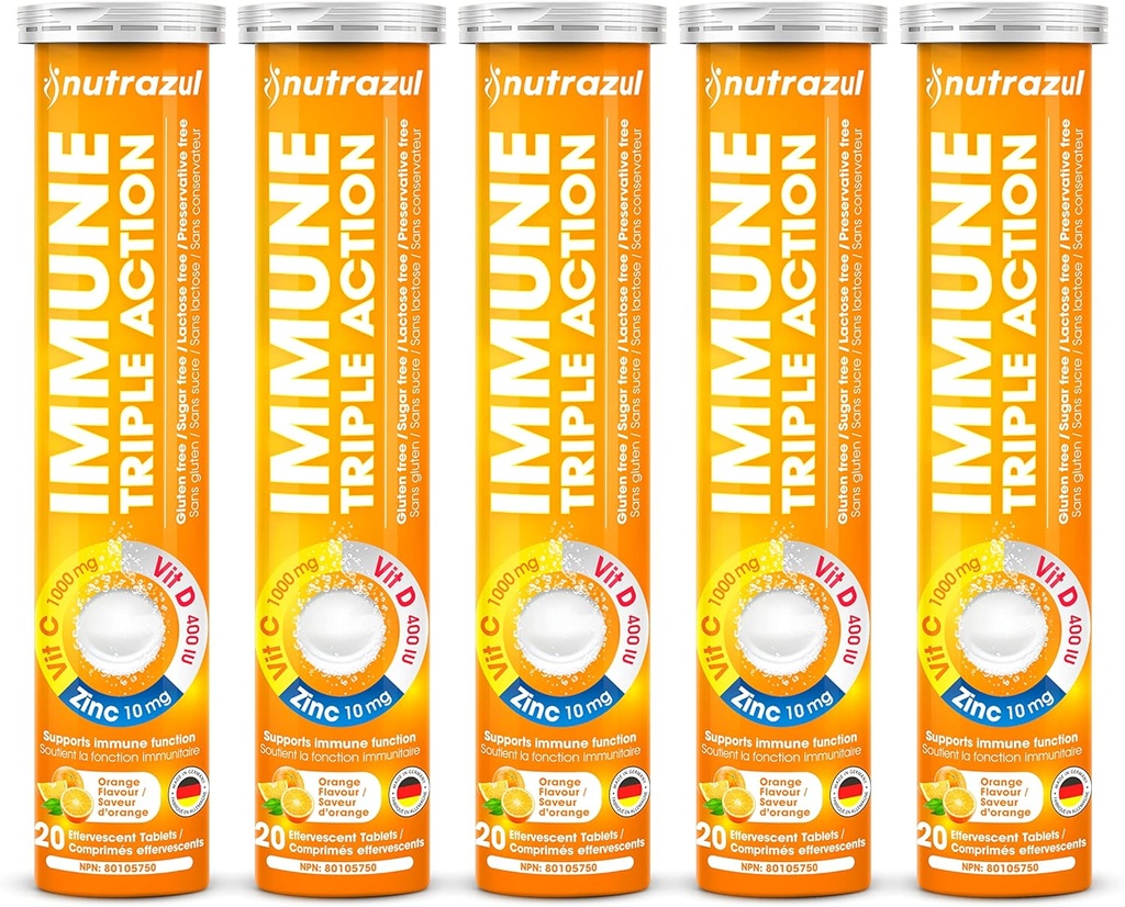 nutrazul crème triple action comprimés effervescents - Vitamine C 1000 mg, Vitamine D 400 UI, Zinc 10mg I orange (paquet de 5X20)