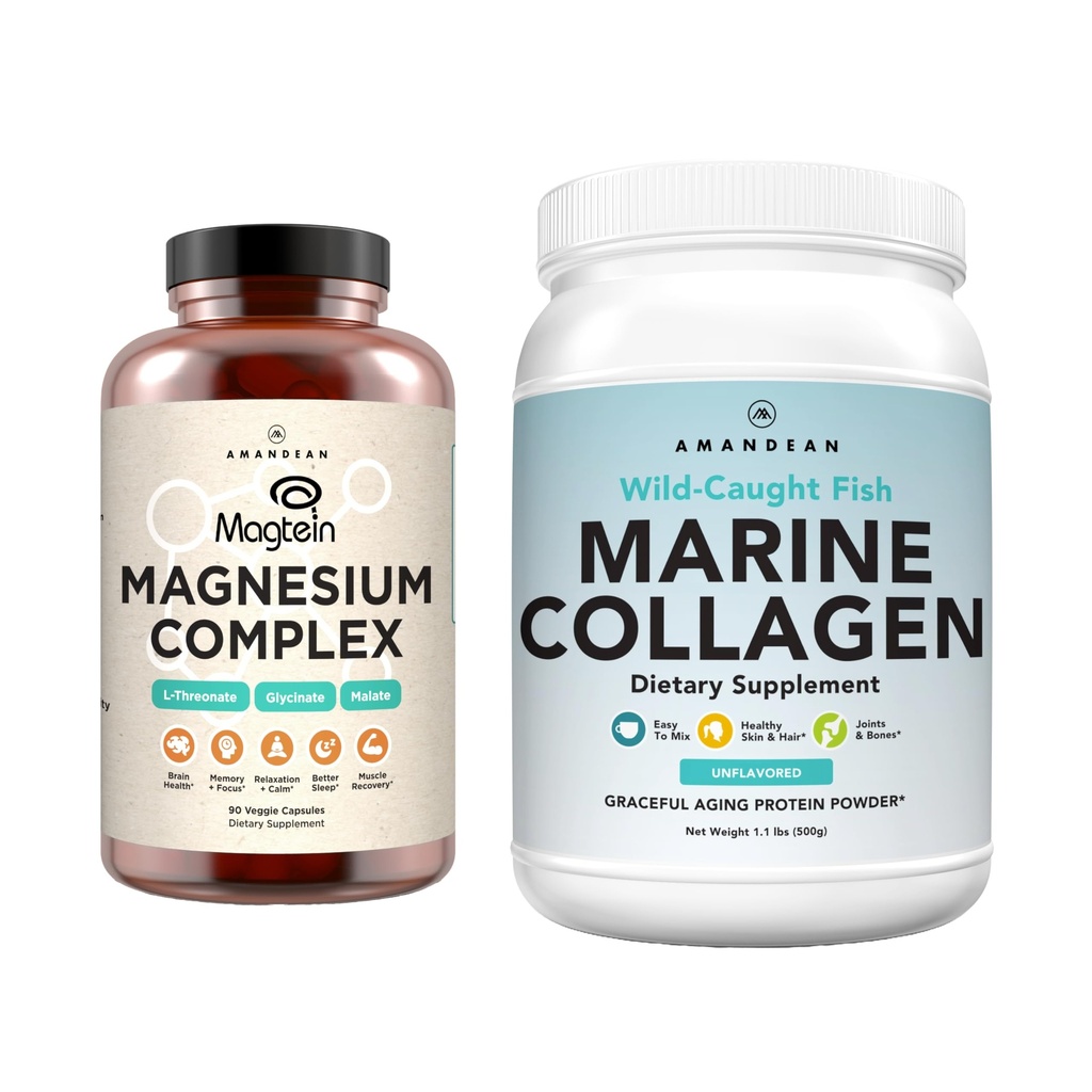 Complexe de Magnésium Premium d'AMANDEAN et ensemble de collagène marin. Thréonate de magnésium, de glycinate et de malate à haute absorption. Protéine de collagène de poisson hydrolysée. Soutien qualité sommeil, peau et humeur