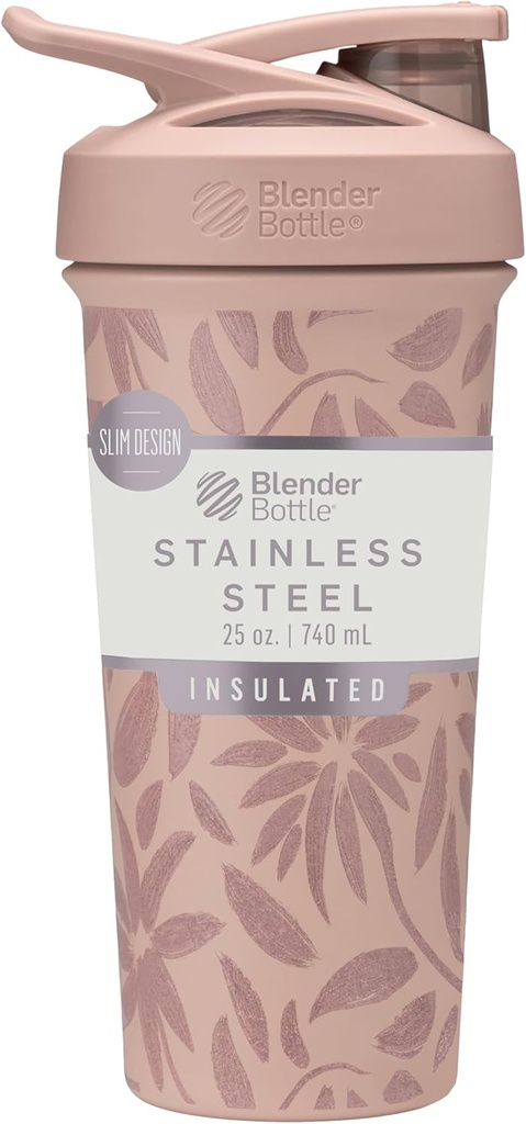 BlenderBottle Strada Flip Shaker Cup Bouteille d'eau en acier inoxydable isolée avec fouet en fil, 25-Ounce, Fleurs brunes