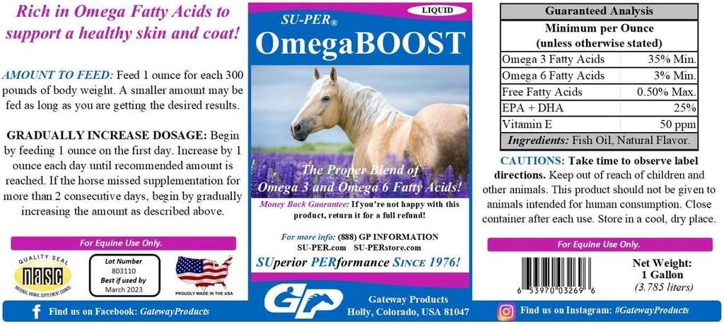 SUPER OmegaBOOST Huile de poisson pour chevaux - Supplément Omega 3 et Omega 6 Acides gras - Soutient la peau et le manteau sains - 1 Gallon