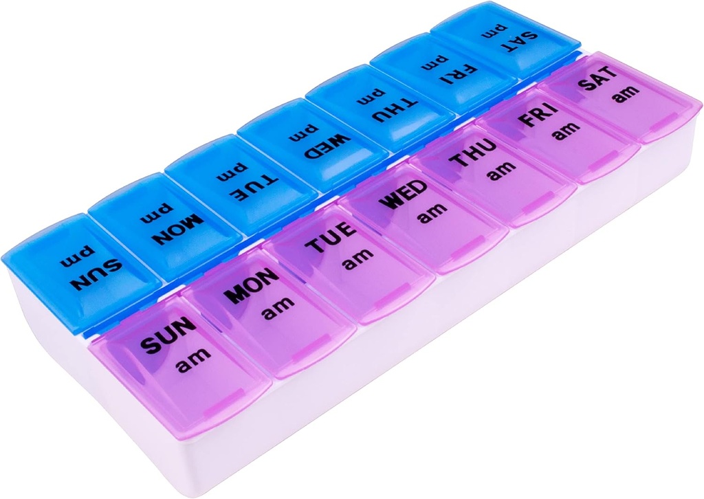 Apex Weekly AM/PM Médicament Dispensateur, organisateur de pilules de 7 jours deux fois par jour avec des lys faciles à ouvrir (couleur May Vary)
