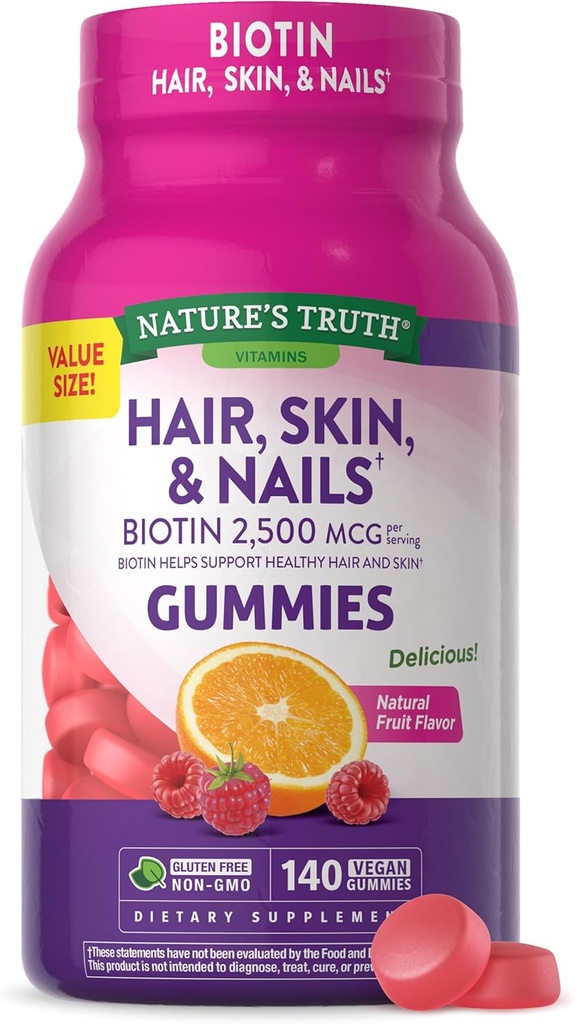 La vérité de la nature Cheveux, la peau et les ongles Gummies avec Biotine 140 Comte de fruits Saveur de fruits, végétalien, non-OGM et vitamine sans gluten pour les hommes et les femmes